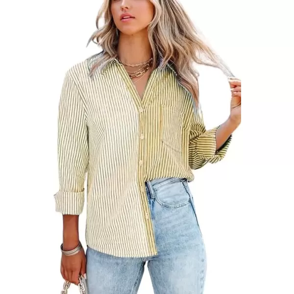 imagechouyatou Womens Color Block Striped Shirt V Neck Long Sleeve Button Down Blouse TopsYellow
