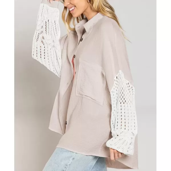 imagechouyatou Womens Crochet Eyelet Lantern Sleeve Button Down Color Block Boho Oversized Shirt BlousesApricot