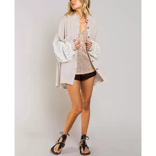 imagechouyatou Womens Crochet Eyelet Lantern Sleeve Button Down Color Block Boho Oversized Shirt BlousesApricot