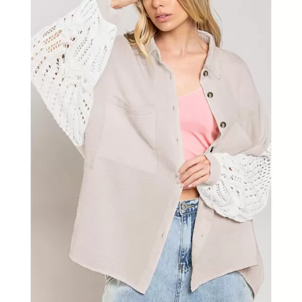 imagechouyatou Womens Crochet Eyelet Lantern Sleeve Button Down Color Block Boho Oversized Shirt BlousesApricot