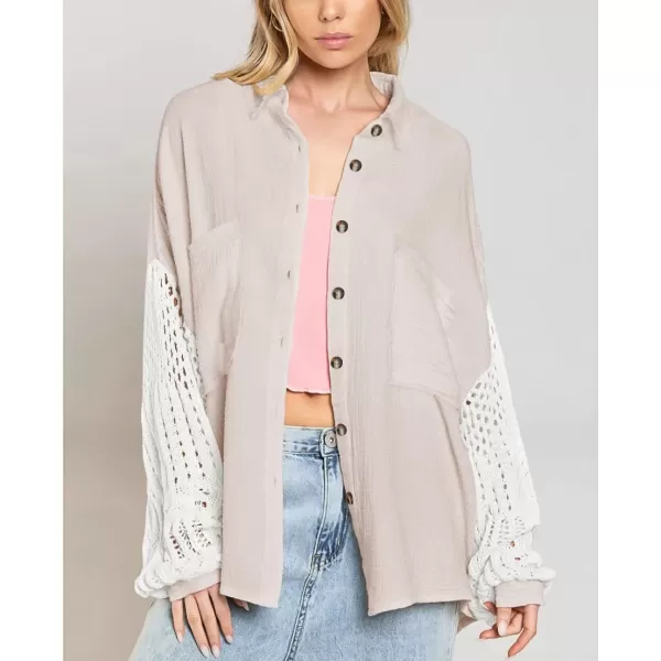 imagechouyatou Womens Crochet Eyelet Lantern Sleeve Button Down Color Block Boho Oversized Shirt BlousesApricot