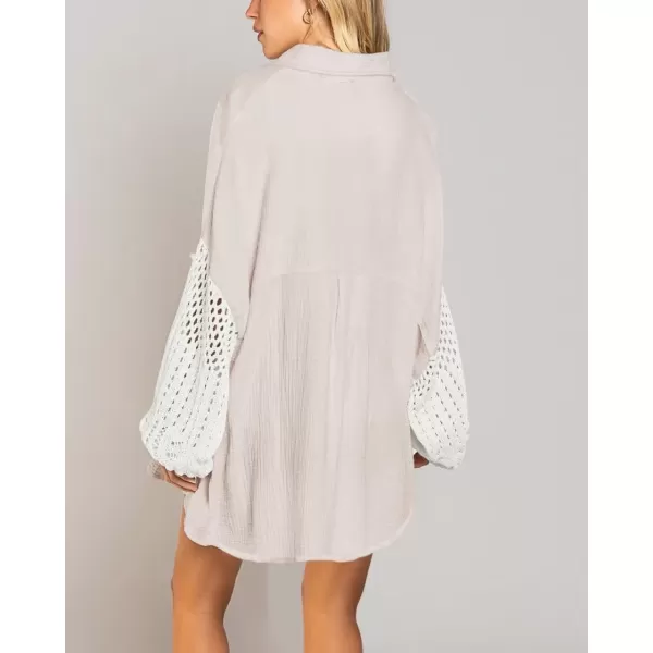 imagechouyatou Womens Crochet Eyelet Lantern Sleeve Button Down Color Block Boho Oversized Shirt BlousesApricot