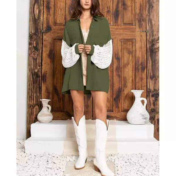 imagechouyatou Womens Crochet Eyelet Lantern Sleeve Button Down Color Block Boho Oversized Shirt BlousesArmy Green
