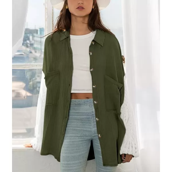 imagechouyatou Womens Crochet Eyelet Lantern Sleeve Button Down Color Block Boho Oversized Shirt BlousesArmy Green