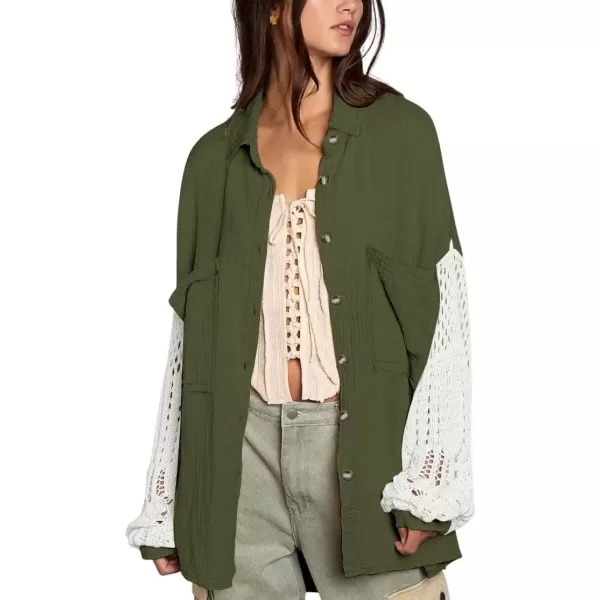 imagechouyatou Womens Crochet Eyelet Lantern Sleeve Button Down Color Block Boho Oversized Shirt BlousesArmy Green