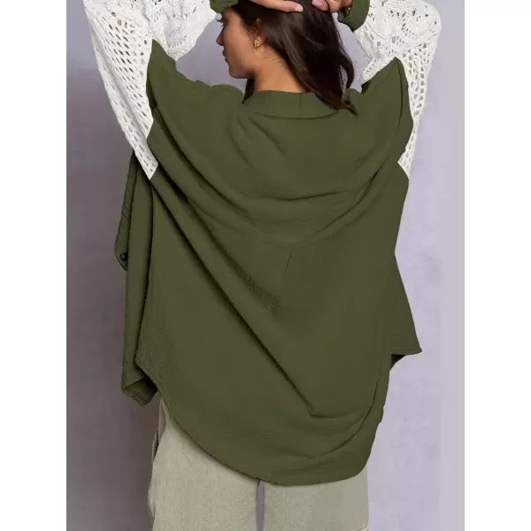 imagechouyatou Womens Crochet Eyelet Lantern Sleeve Button Down Color Block Boho Oversized Shirt BlousesArmy Green