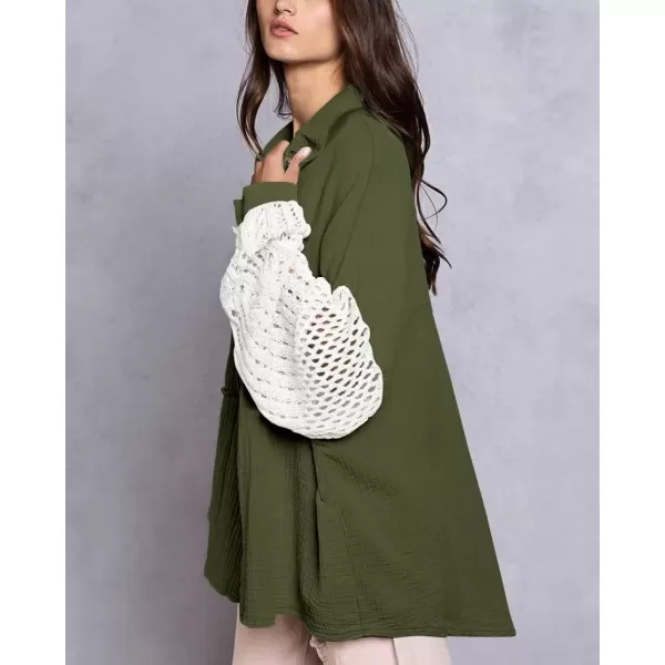imagechouyatou Womens Crochet Eyelet Lantern Sleeve Button Down Color Block Boho Oversized Shirt BlousesArmy Green
