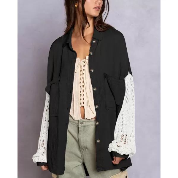 imagechouyatou Womens Crochet Eyelet Lantern Sleeve Button Down Color Block Boho Oversized Shirt BlousesBlack