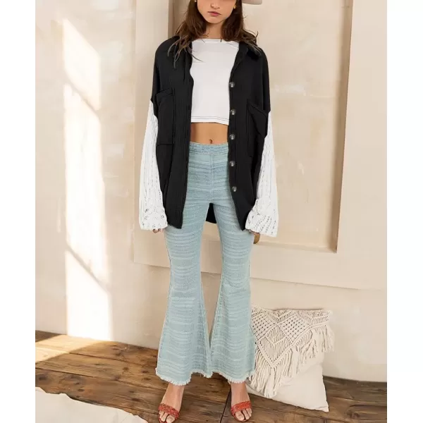 imagechouyatou Womens Crochet Eyelet Lantern Sleeve Button Down Color Block Boho Oversized Shirt BlousesBlack