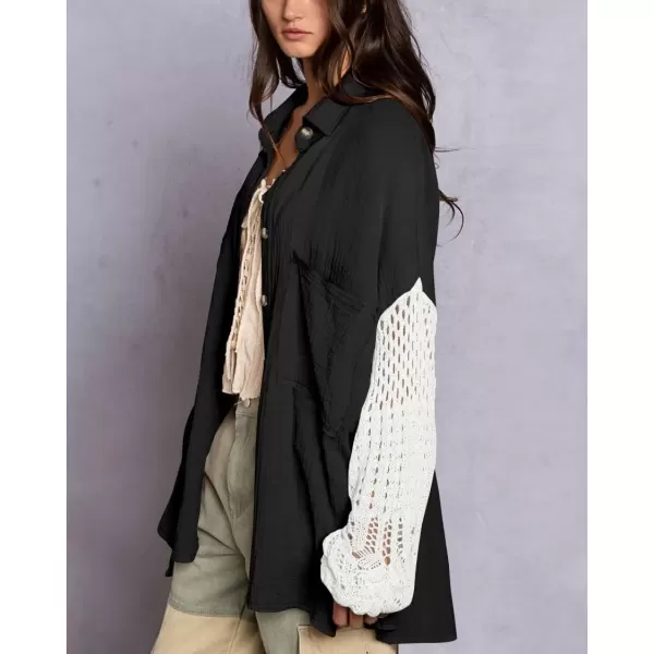 imagechouyatou Womens Crochet Eyelet Lantern Sleeve Button Down Color Block Boho Oversized Shirt BlousesBlack