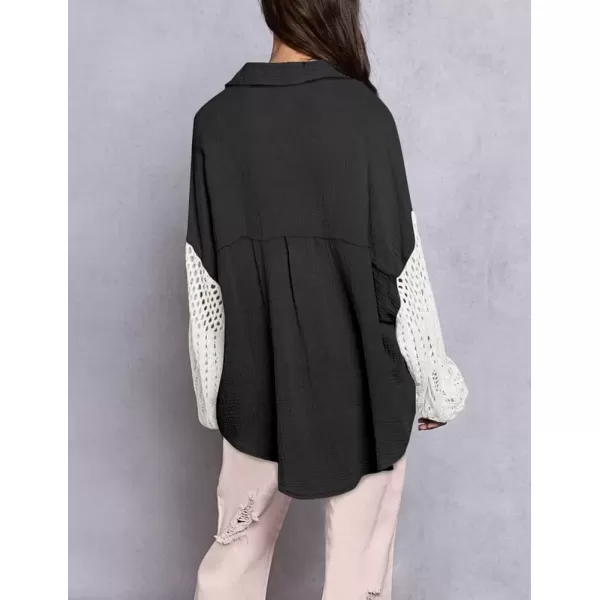 imagechouyatou Womens Crochet Eyelet Lantern Sleeve Button Down Color Block Boho Oversized Shirt BlousesBlack