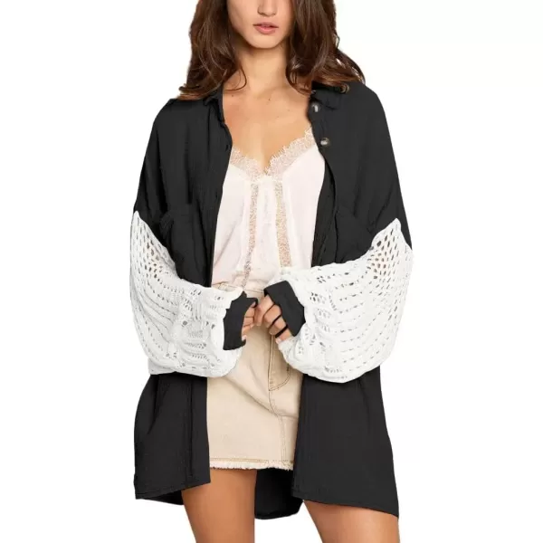 imagechouyatou Womens Crochet Eyelet Lantern Sleeve Button Down Color Block Boho Oversized Shirt BlousesBlack