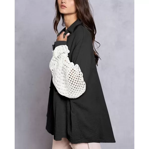 imagechouyatou Womens Crochet Eyelet Lantern Sleeve Button Down Color Block Boho Oversized Shirt BlousesBlack