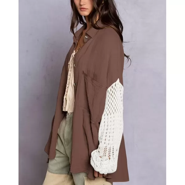 imagechouyatou Womens Crochet Eyelet Lantern Sleeve Button Down Color Block Boho Oversized Shirt BlousesCoffee Brown