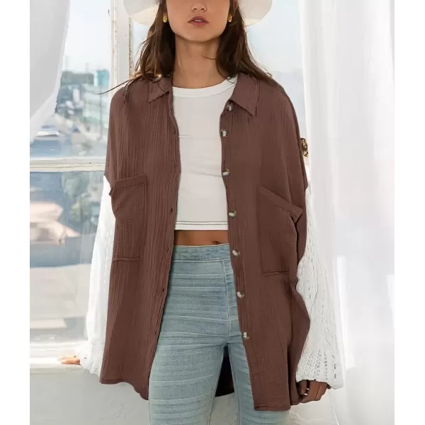 imagechouyatou Womens Crochet Eyelet Lantern Sleeve Button Down Color Block Boho Oversized Shirt BlousesCoffee Brown