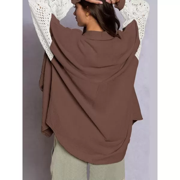 imagechouyatou Womens Crochet Eyelet Lantern Sleeve Button Down Color Block Boho Oversized Shirt BlousesCoffee Brown