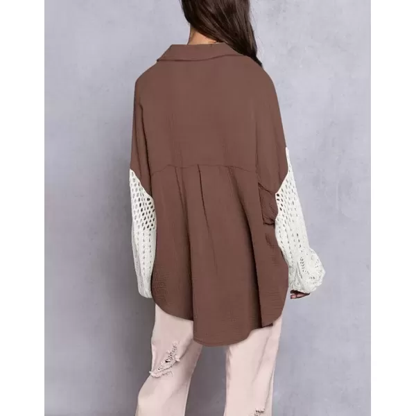 imagechouyatou Womens Crochet Eyelet Lantern Sleeve Button Down Color Block Boho Oversized Shirt BlousesCoffee Brown