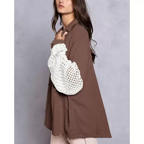imagechouyatou Womens Crochet Eyelet Lantern Sleeve Button Down Color Block Boho Oversized Shirt BlousesCoffee Brown