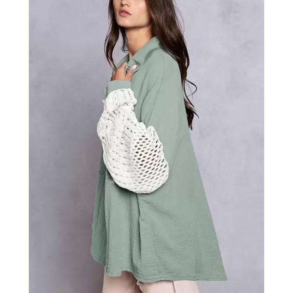 imagechouyatou Womens Crochet Eyelet Lantern Sleeve Button Down Color Block Boho Oversized Shirt BlousesLight Green