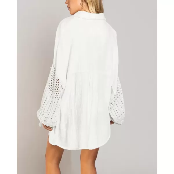 imagechouyatou Womens Crochet Eyelet Lantern Sleeve Button Down Color Block Boho Oversized Shirt BlousesWhite