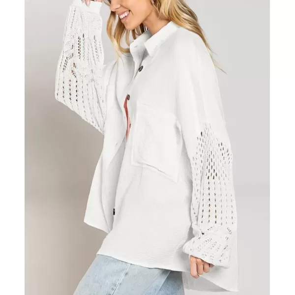 imagechouyatou Womens Crochet Eyelet Lantern Sleeve Button Down Color Block Boho Oversized Shirt BlousesWhite