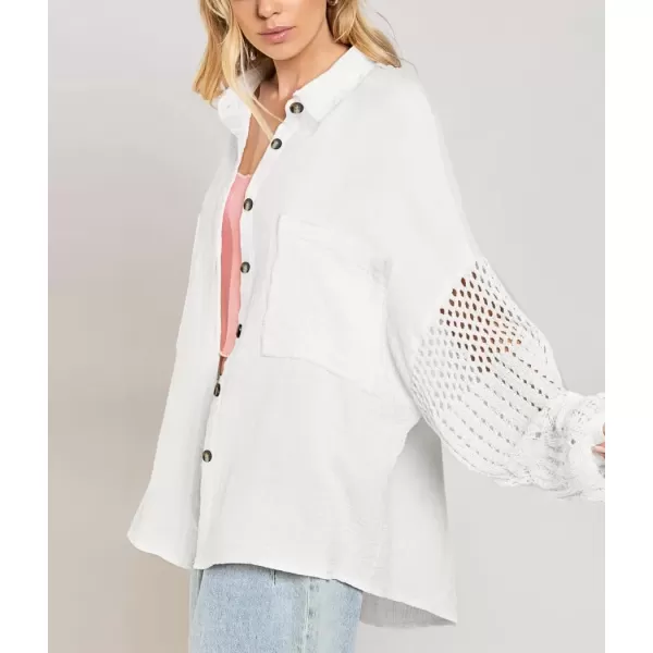 imagechouyatou Womens Crochet Eyelet Lantern Sleeve Button Down Color Block Boho Oversized Shirt BlousesWhite