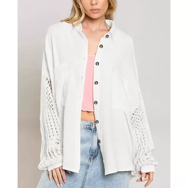 imagechouyatou Womens Crochet Eyelet Lantern Sleeve Button Down Color Block Boho Oversized Shirt BlousesWhite