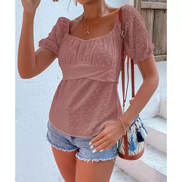 imagechouyatou Womens Crochet Eyelet Puff Sleeve Square Neck Swiss Dot Chiffon Blouse Shirt TopsWatermelon Red