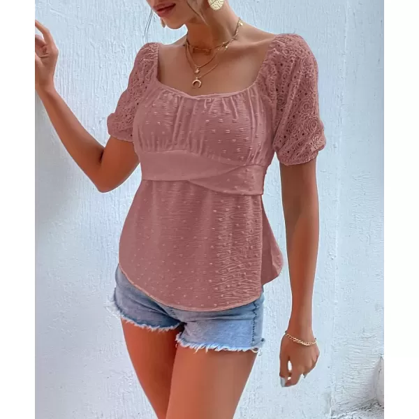 imagechouyatou Womens Crochet Eyelet Puff Sleeve Square Neck Swiss Dot Chiffon Blouse Shirt TopsWatermelon Red