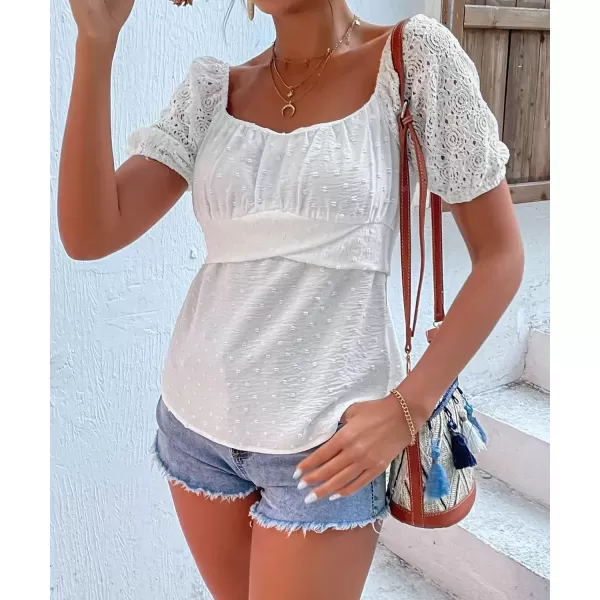 imagechouyatou Womens Crochet Eyelet Puff Sleeve Square Neck Swiss Dot Chiffon Blouse Shirt TopsWhite