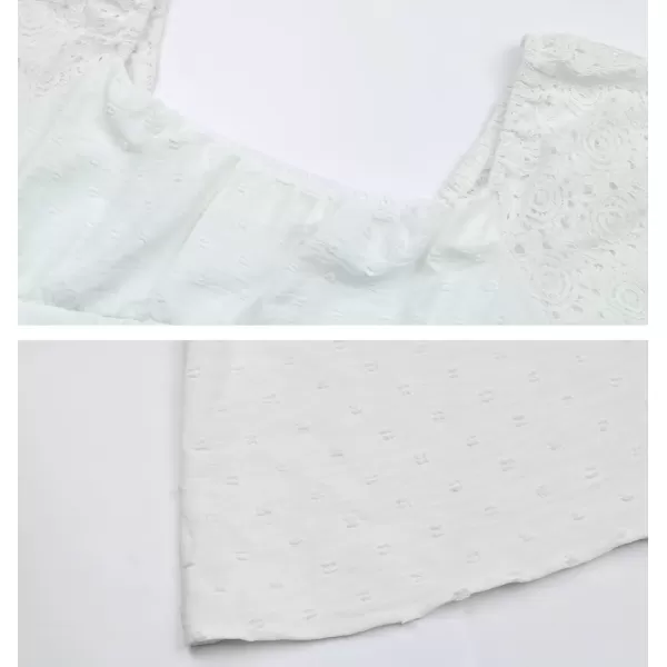 imagechouyatou Womens Crochet Eyelet Puff Sleeve Square Neck Swiss Dot Chiffon Blouse Shirt TopsWhite