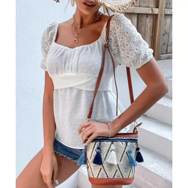 imagechouyatou Womens Crochet Eyelet Puff Sleeve Square Neck Swiss Dot Chiffon Blouse Shirt TopsWhite