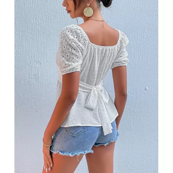 imagechouyatou Womens Crochet Eyelet Puff Sleeve Square Neck Swiss Dot Chiffon Blouse Shirt TopsWhite