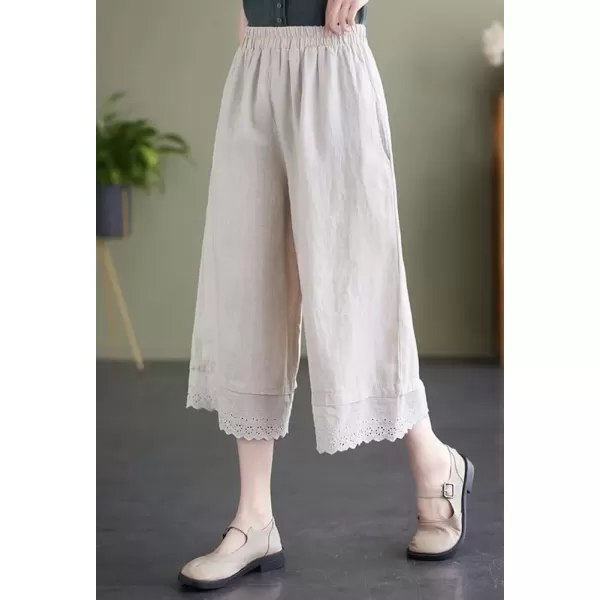 imagechouyatou Womens Cute Eyelet Embroidery Ruffle Hem Wide Leg Capris Elastic Waist Cropped Pants with PocketsBeige White