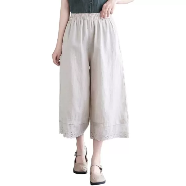 imagechouyatou Womens Cute Eyelet Embroidery Ruffle Hem Wide Leg Capris Elastic Waist Cropped Pants with PocketsBeige White