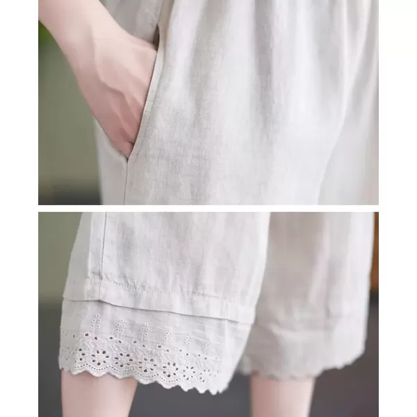 imagechouyatou Womens Cute Eyelet Embroidery Ruffle Hem Wide Leg Capris Elastic Waist Cropped Pants with PocketsBeige White