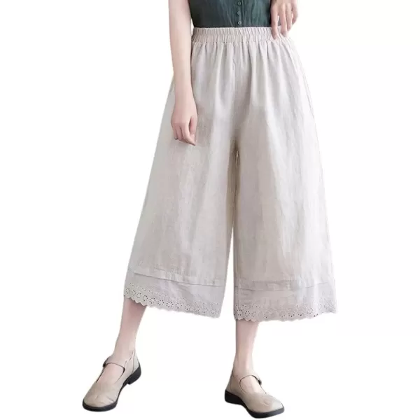 imagechouyatou Womens Cute Eyelet Embroidery Ruffle Hem Wide Leg Capris Elastic Waist Cropped Pants with PocketsBeige White