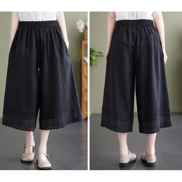 imagechouyatou Womens Cute Eyelet Embroidery Ruffle Hem Wide Leg Capris Elastic Waist Cropped Pants with PocketsBlack