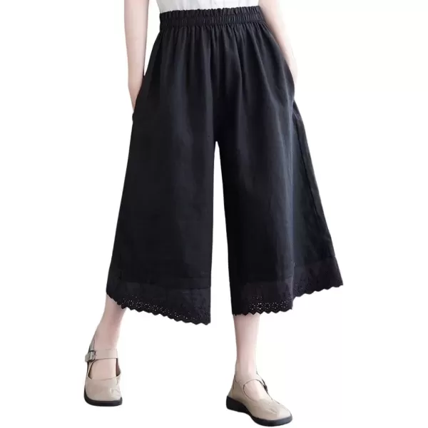 imagechouyatou Womens Cute Eyelet Embroidery Ruffle Hem Wide Leg Capris Elastic Waist Cropped Pants with PocketsBlack