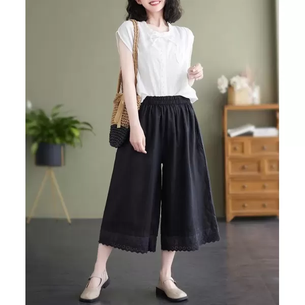 imagechouyatou Womens Cute Eyelet Embroidery Ruffle Hem Wide Leg Capris Elastic Waist Cropped Pants with PocketsBlack
