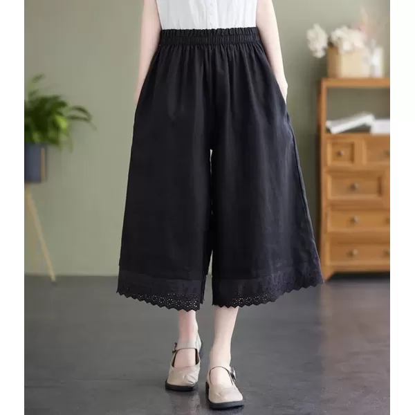 imagechouyatou Womens Cute Eyelet Embroidery Ruffle Hem Wide Leg Capris Elastic Waist Cropped Pants with PocketsBlack