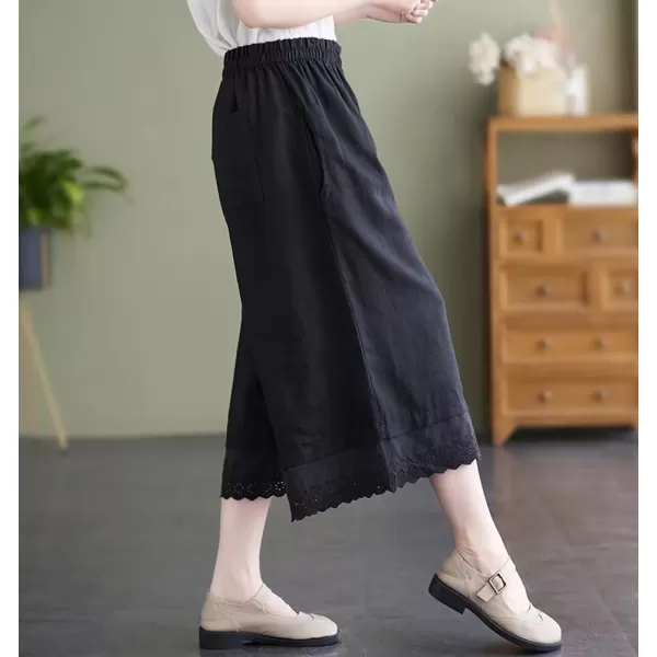 imagechouyatou Womens Cute Eyelet Embroidery Ruffle Hem Wide Leg Capris Elastic Waist Cropped Pants with PocketsBlack