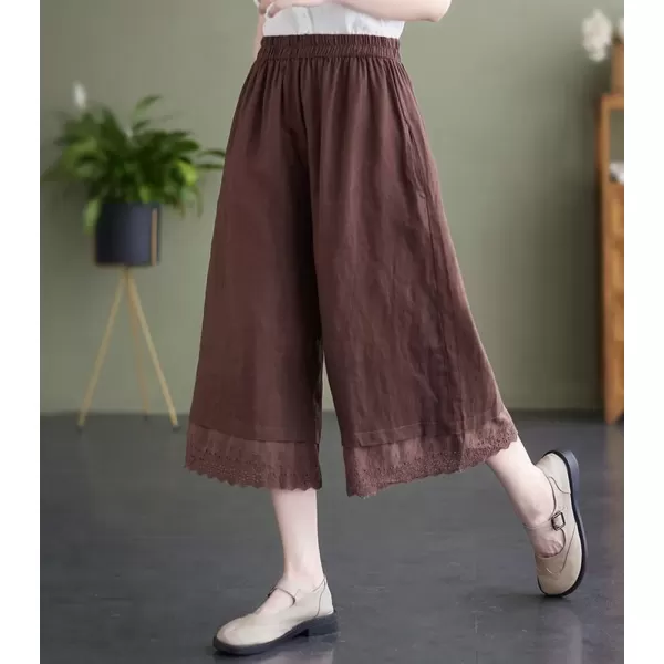imagechouyatou Womens Cute Eyelet Embroidery Ruffle Hem Wide Leg Capris Elastic Waist Cropped Pants with PocketsCoffee