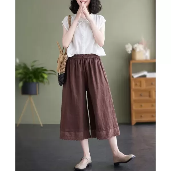 imagechouyatou Womens Cute Eyelet Embroidery Ruffle Hem Wide Leg Capris Elastic Waist Cropped Pants with PocketsCoffee