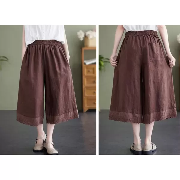 imagechouyatou Womens Cute Eyelet Embroidery Ruffle Hem Wide Leg Capris Elastic Waist Cropped Pants with PocketsCoffee