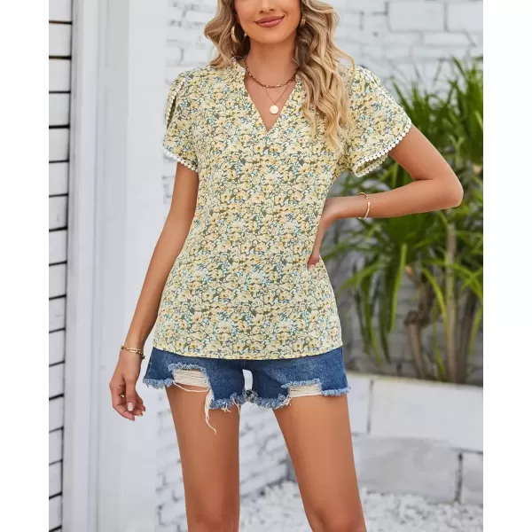 imagechouyatou Womens Cute Petal Sleeve Floral Print Boho Peasant Chiffon Blouse Shirt TopsLight Yellow