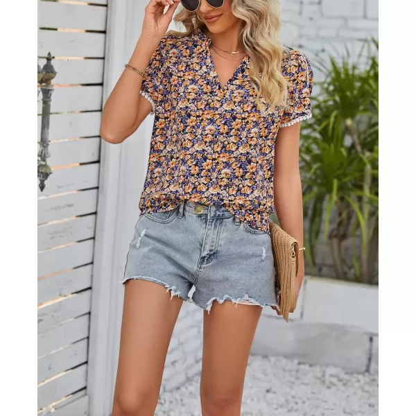 imagechouyatou Womens Cute Petal Sleeve Floral Print Boho Peasant Chiffon Blouse Shirt TopsOrange