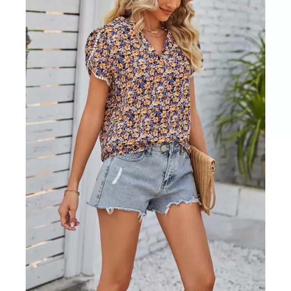 imagechouyatou Womens Cute Petal Sleeve Floral Print Boho Peasant Chiffon Blouse Shirt TopsOrange