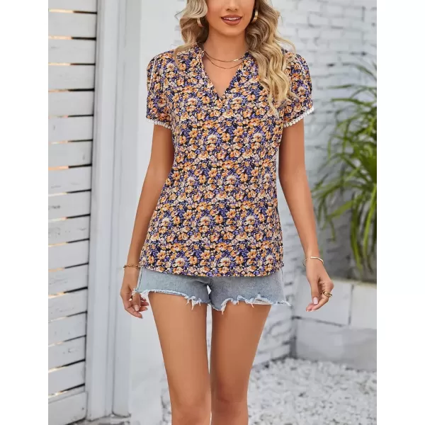 imagechouyatou Womens Cute Petal Sleeve Floral Print Boho Peasant Chiffon Blouse Shirt TopsOrange
