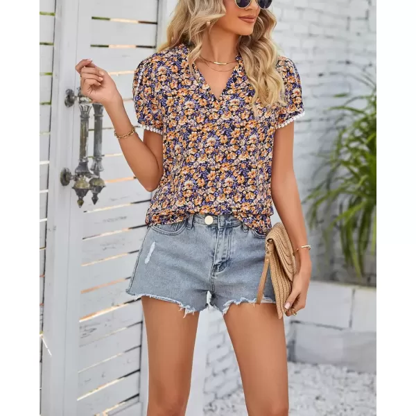 imagechouyatou Womens Cute Petal Sleeve Floral Print Boho Peasant Chiffon Blouse Shirt TopsOrange